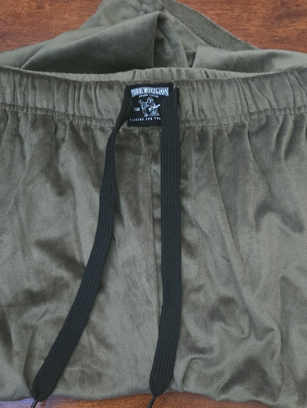 True Religion Olive Green Velour Joggers with Black Drawstring - Picture 2 of 2